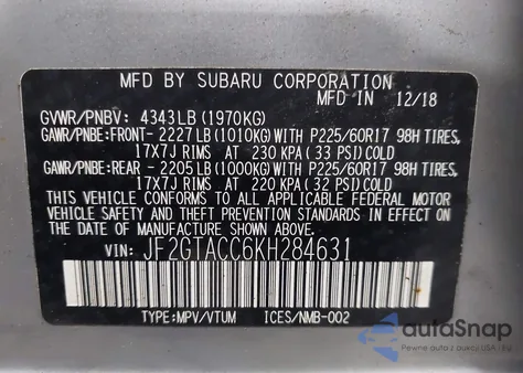 2019 Subaru Crosstrek 2.0I Premium from USA, damaged, VIN JF2GTACC6KH284631